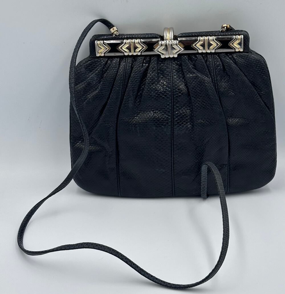 JUDITH LEIBER Designer Art Deco Black Lizard Leather Clutch Shoulder Bag
